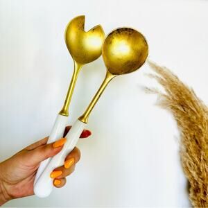VINTAGE Gold Brass White Enamel Handle Salad Spoon Tosser Serving Utensil Set